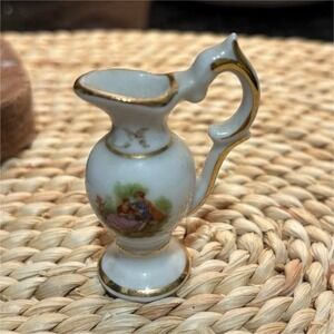 Limoges Castel Porcelain Miniature Pitcher Gold Trim  Victorian courting couple